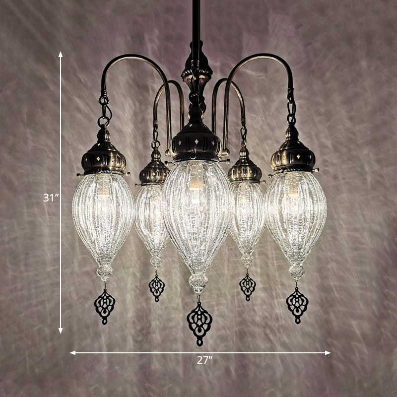 Bronze 5 Heads Chandelier Lamp Traditional White Ribbed Glass Teardrop Ceiling Light