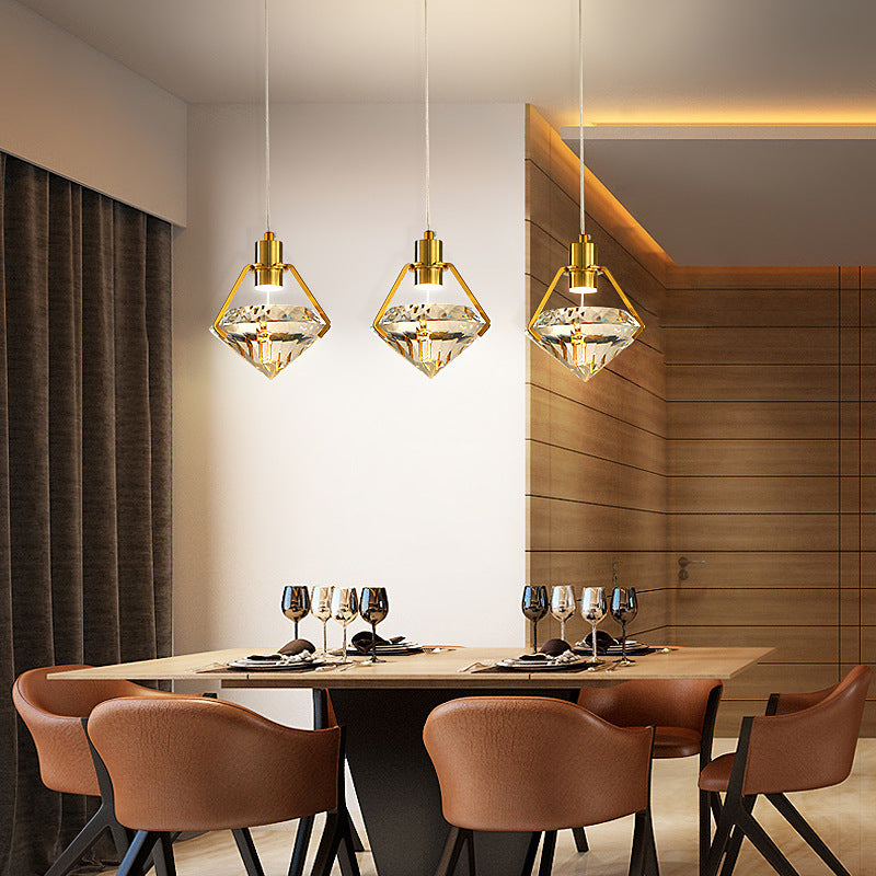 Modern Luxury LED Pendant Light Electroplate Metal Geometric Hanging Lamp with Crystal Shade