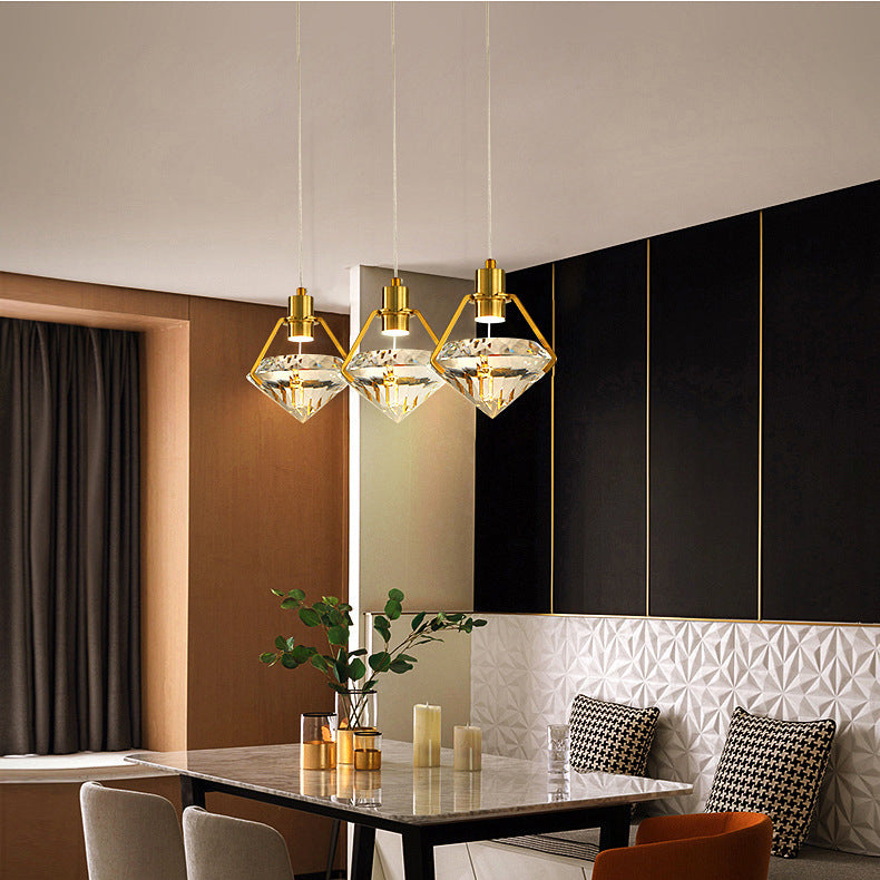 Modern Luxury LED Pendant Light Electroplate Metal Geometric Hanging Lamp with Crystal Shade