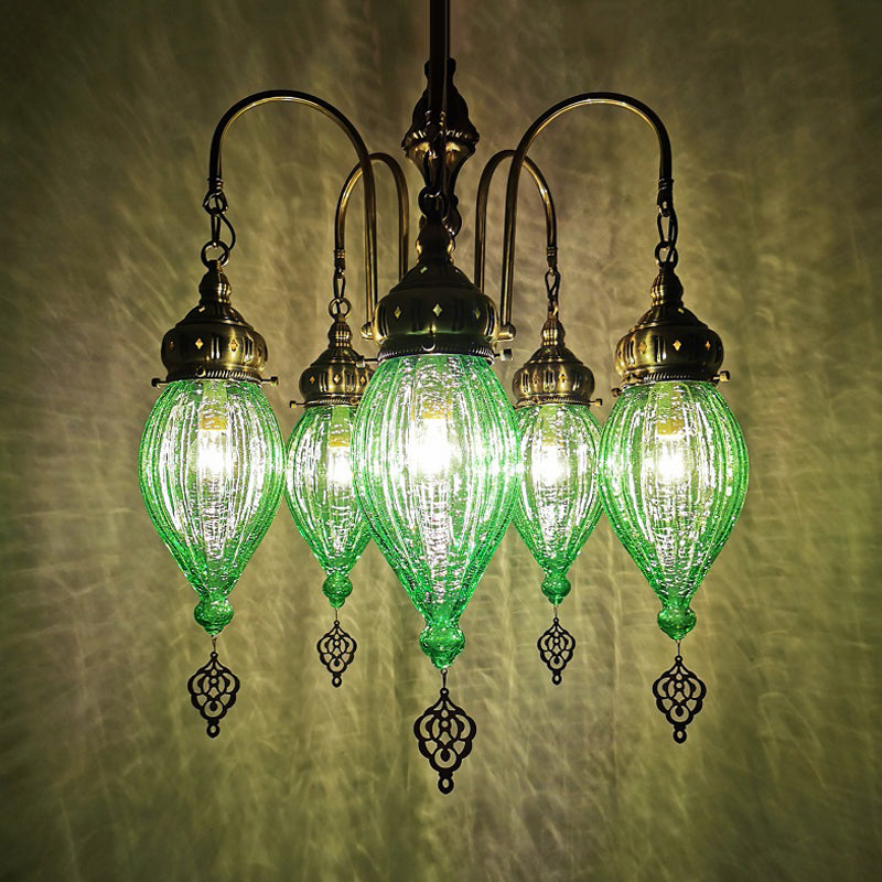 5 Heads Gourd Chandelier Light Traditional Red/Yellow/Green Ribbed Glass Hanging Light Kit