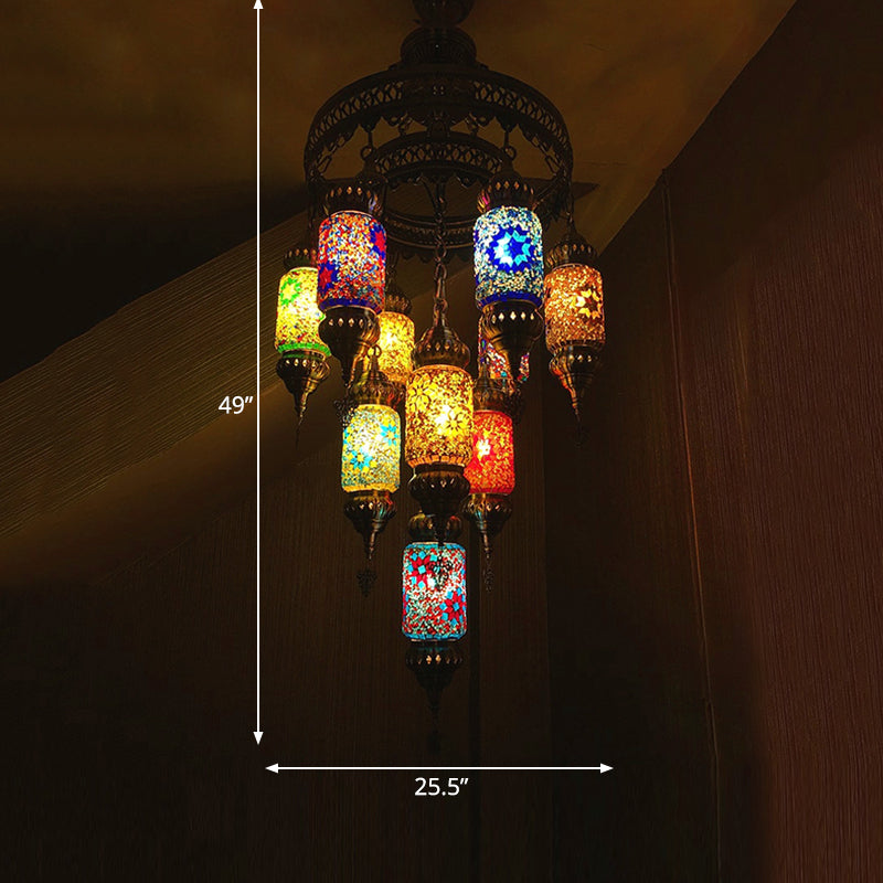 Stained Art Glass Cylinder Chandelier Lighting Traditional 10 Heads Restaurant Hanging Ceiling Light in Blue-Yellow-Green