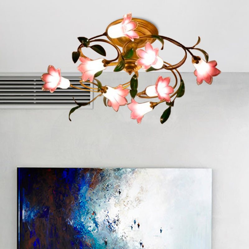 Brass 8 Heads Semi Flush Light Pastoral Metal Lily LED Ceiling Fixture for Living Room