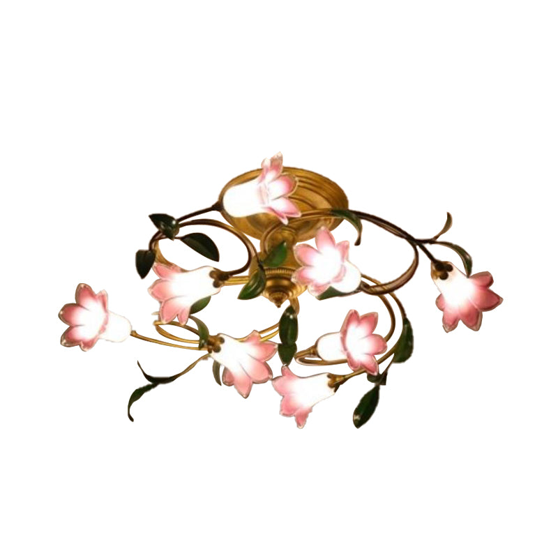 Messing 8 Köpfe halb flush leichte pastorale Metalllilie -LED -Deckenelement für Wohnzimmer