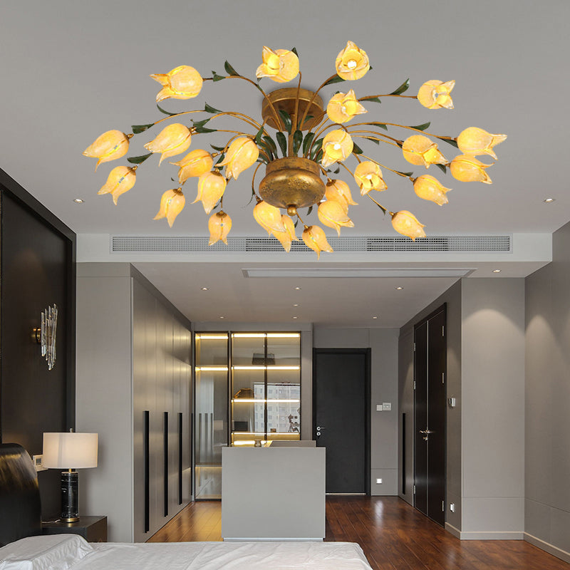 American Flower Ceiling Light Fixture 25 Bulbs Metal LED Semi Mount Lighting in Brass for Living Room