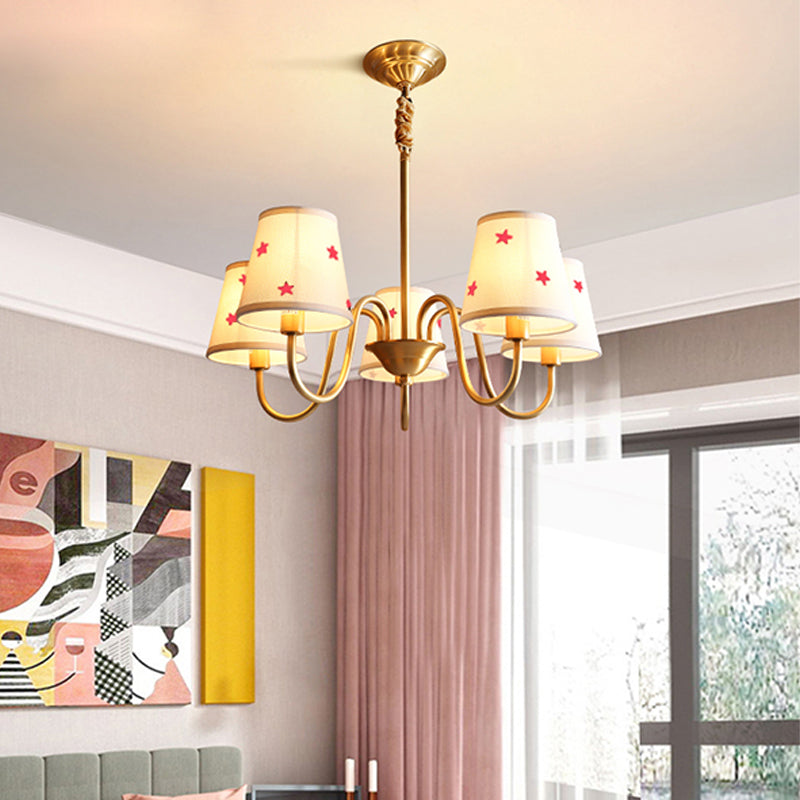Traditional Style Chandelier Light Fabric Shade Brass Lighting Fixture for Living Room