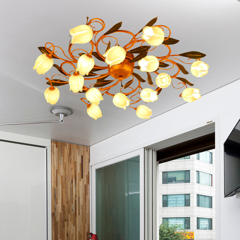 Metall Messing Decke Flush Lilie/Tulp 16 Köpfe Amerikanische Garten LED -Halbmontage für Schlafzimmer