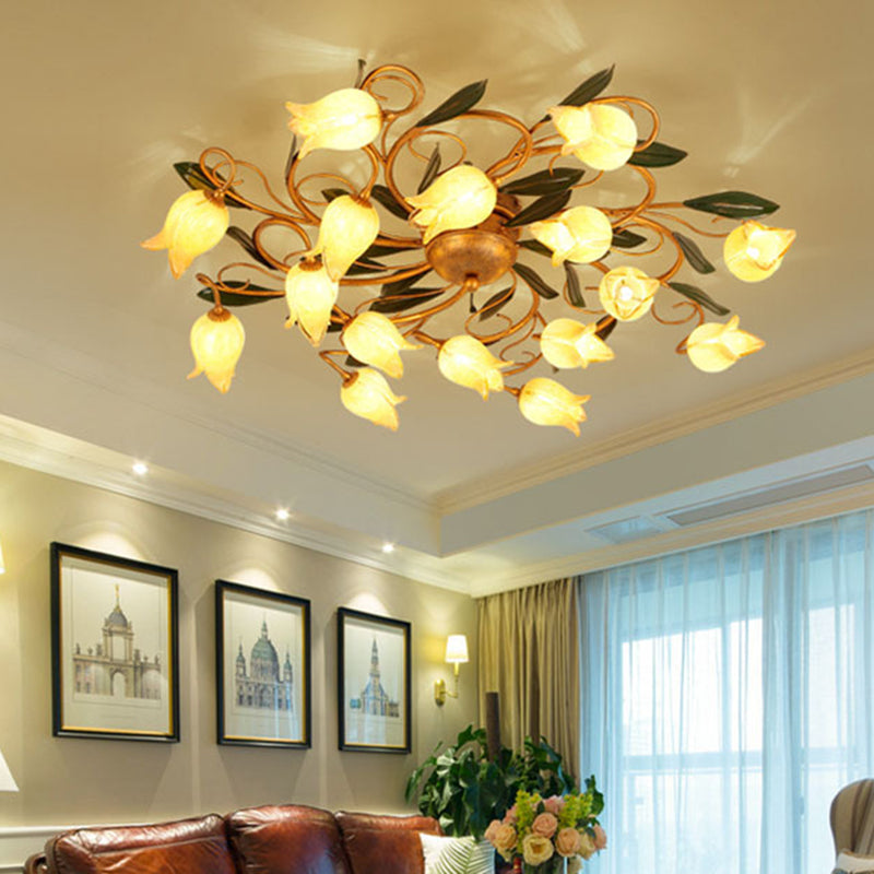 Metal Brass Ceiling Flush Lily/Tulip 16 Heads American Garden LED Semi Mount Lighting for Bedroom