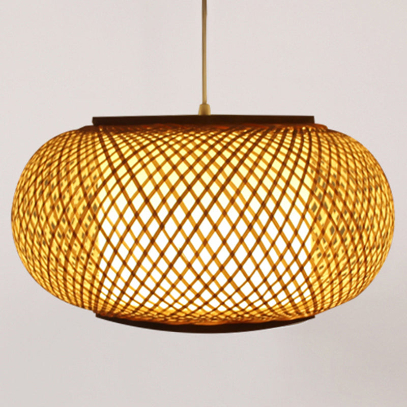 Asian Style Hanging Light 1-Light Hand Weaving Drum Shaped Pendant Lamp for Bedroom