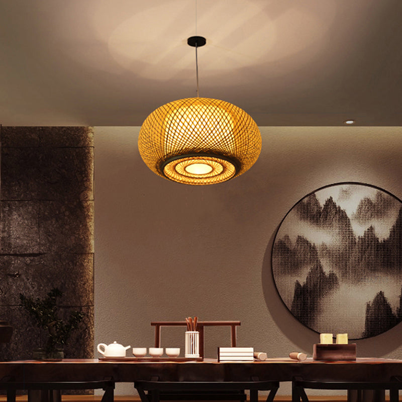 Asian Style Hanging Light 1-Light Hand Weaving Drum Shaped Pendant Lamp for Bedroom