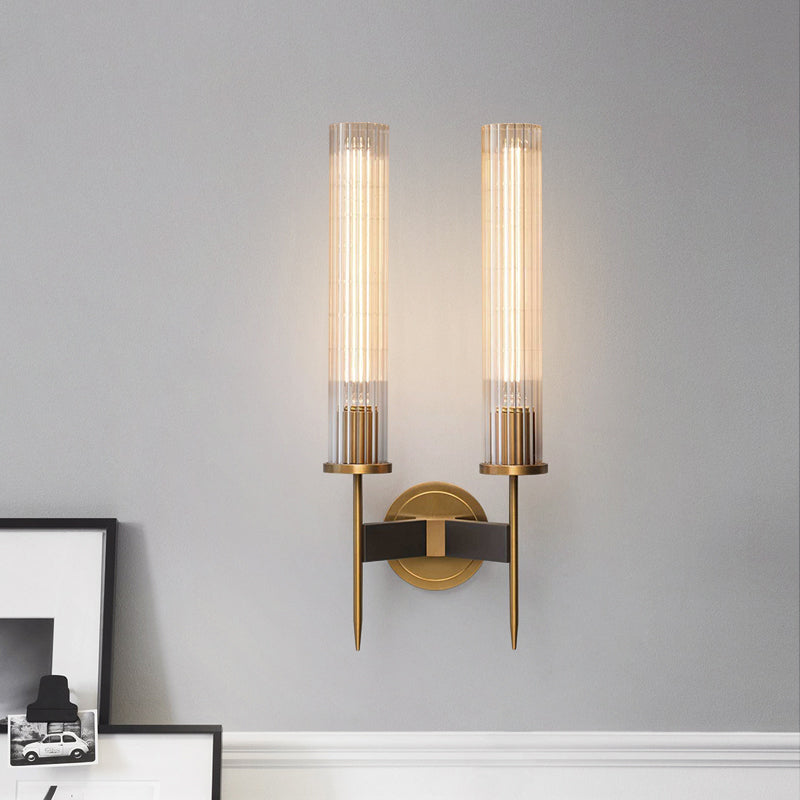 Cylinder Shape Sconce Lamp Nordic Style Brass Wall Light with Pressed Ribbed Glass Shade