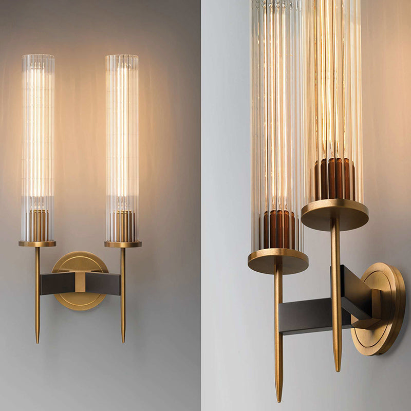 Cylinder Shape Sconce Lamp Nordic Style Brass Wall Light with Pressed Ribbed Glass Shade