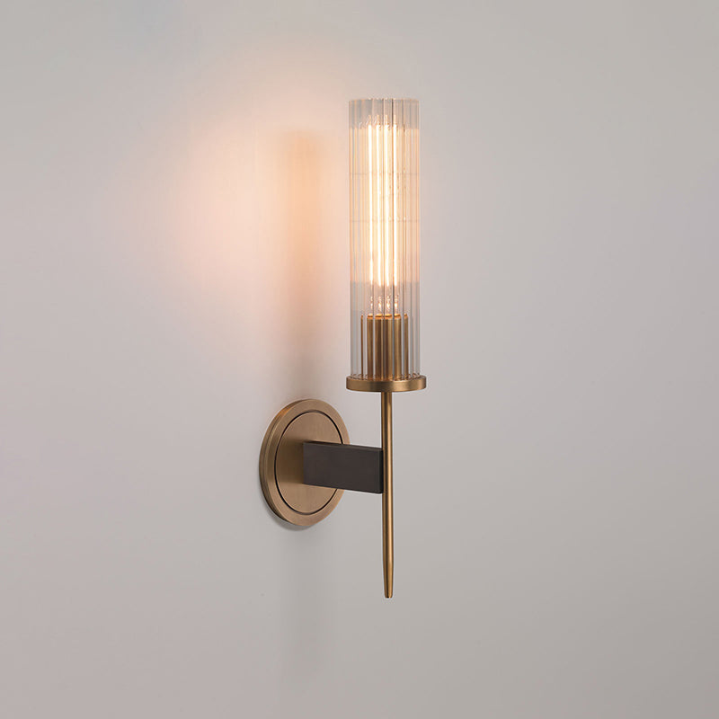 Cylinder Shape Sconce Lamp Nordic Style Brass Wall Light with Pressed Ribbed Glass Shade