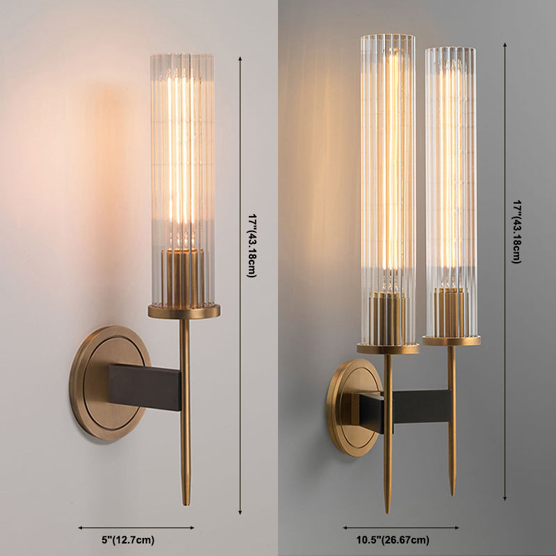 Cylinder Shape Sconce Lamp Nordic Style Brass Wall Light with Pressed Ribbed Glass Shade