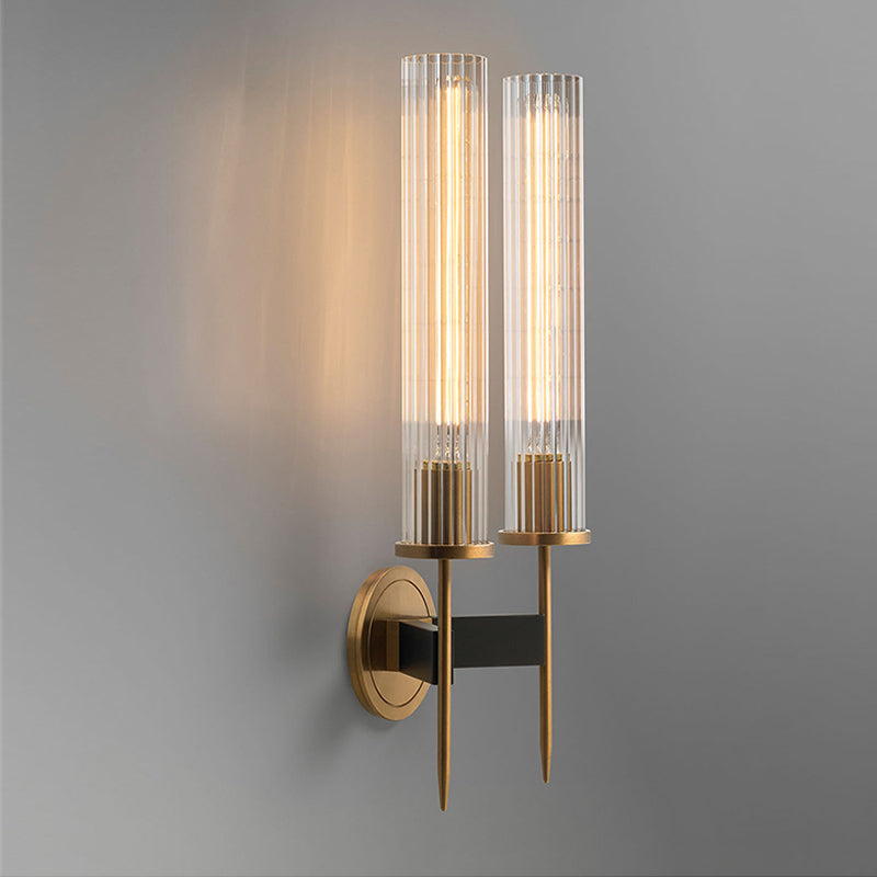 Cylinder Shape Sconce Lamp Nordic Style Brass Wall Light with Pressed Ribbed Glass Shade