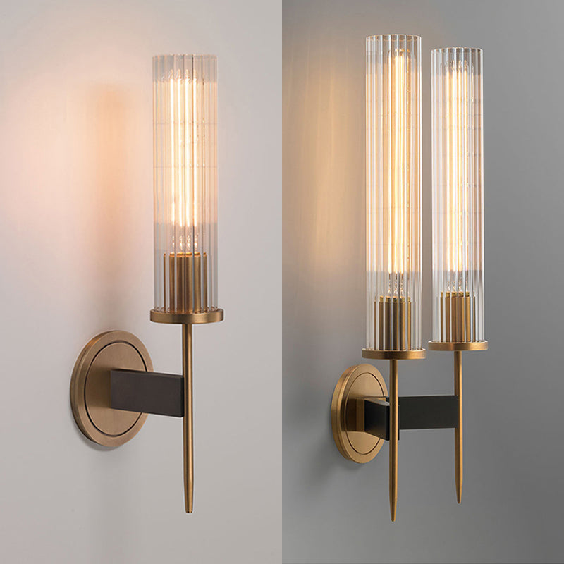 Cylinder Shape Sconce Lamp Nordic Style Brass Wall Light with Pressed Ribbed Glass Shade