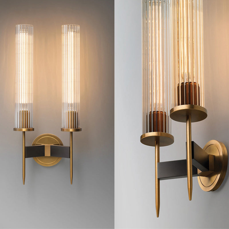 Cylinder Shape Sconce Lamp Nordic Style Brass Wall Light with Pressed Ribbed Glass Shade