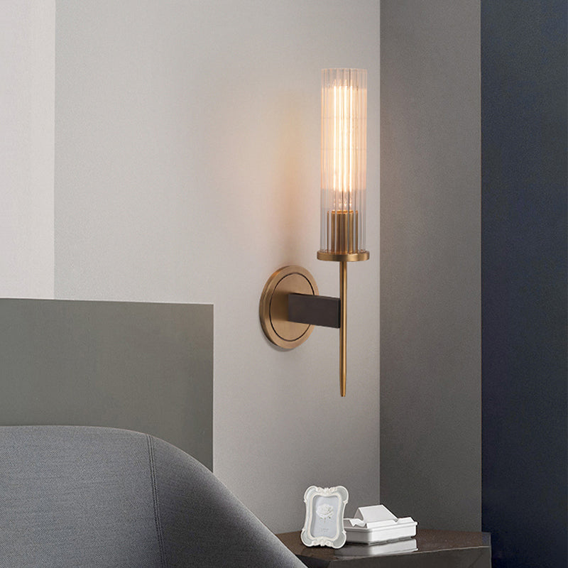 Cylinder Shape Sconce Lamp Nordic Style Brass Wall Light with Pressed Ribbed Glass Shade