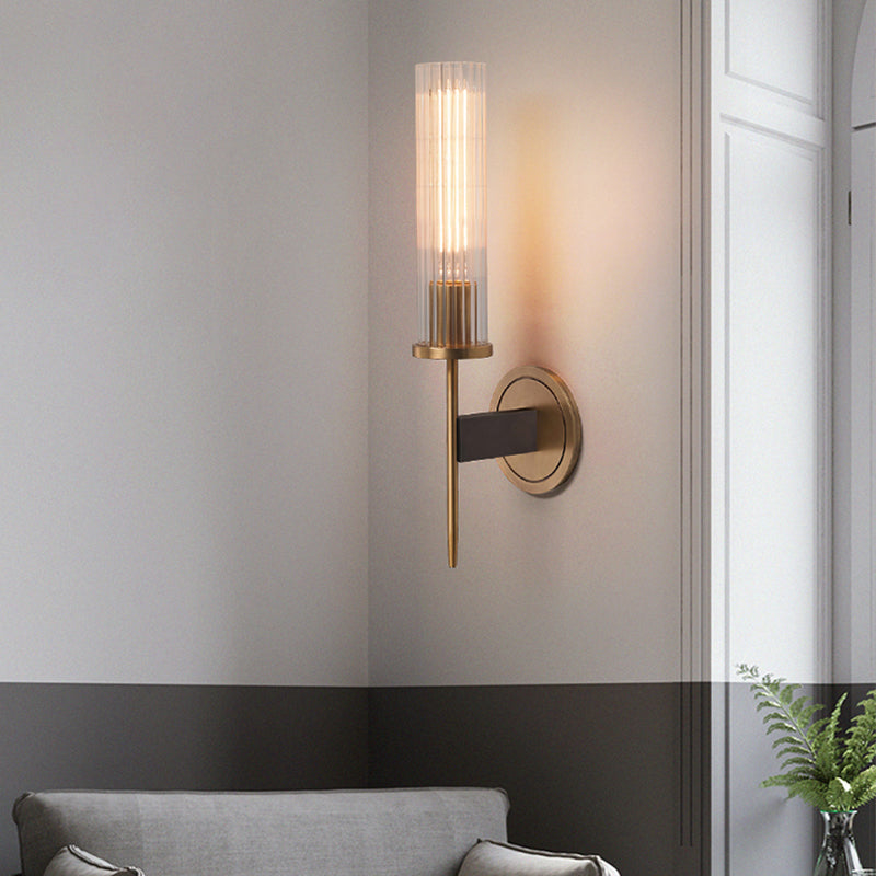Cylinder Shape Sconce Lamp Nordic Style Brass Wall Light with Pressed Ribbed Glass Shade