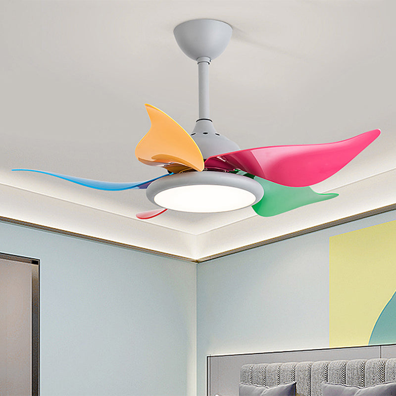 Colorful Round Hanging Fan Light Macaron Style Metal Bedroom LED Semi Flush Mount Lamp