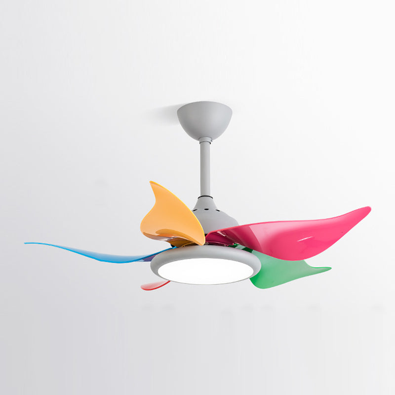Colorful Round Hanging Fan Light Macaron Style Metal Bedroom LED Semi Flush Mount Lamp