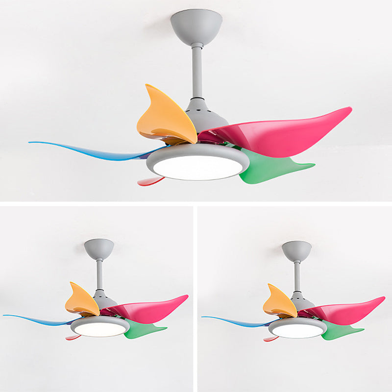 Colorful Round Hanging Fan Light Macaron Style Metal Bedroom LED Semi Flush Mount Lamp