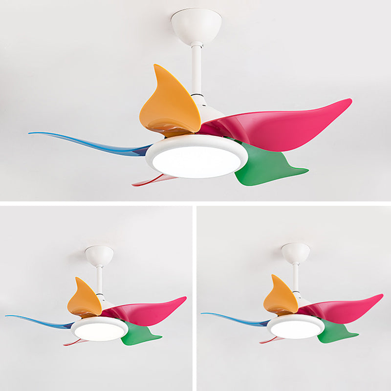 Colorful Round Hanging Fan Light Macaron Style Metal Bedroom LED Semi Flush Mount Lamp