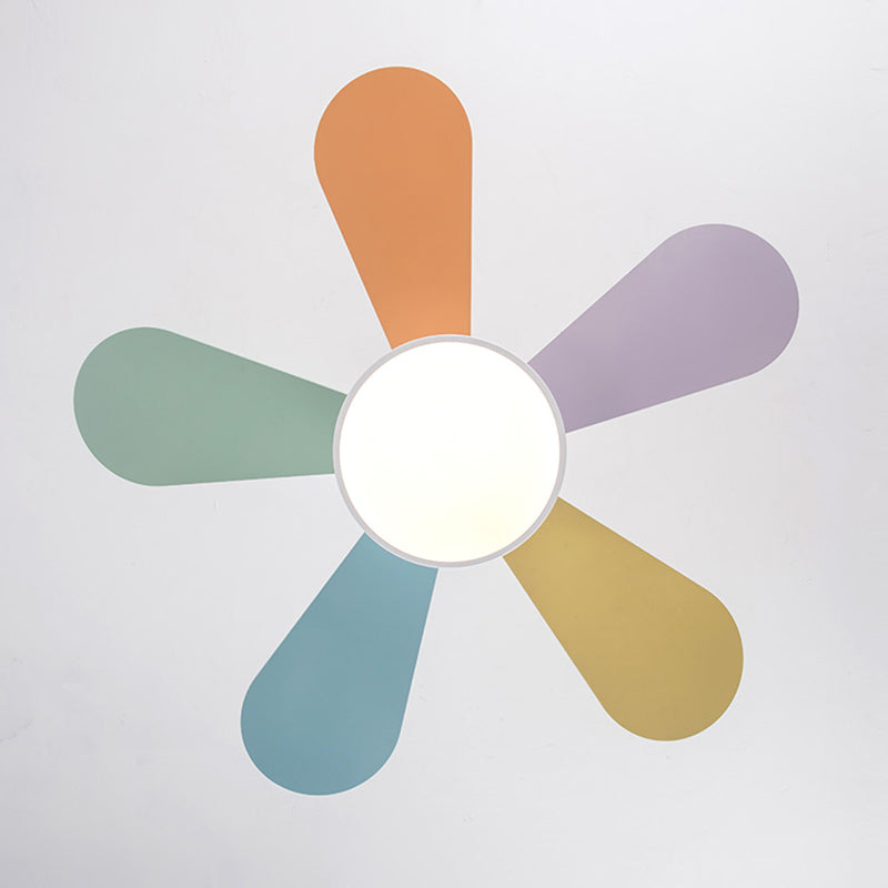 Colorful Round Hanging Fan Light Macaron Style Metal Bedroom LED Semi Flush Mount Lamp