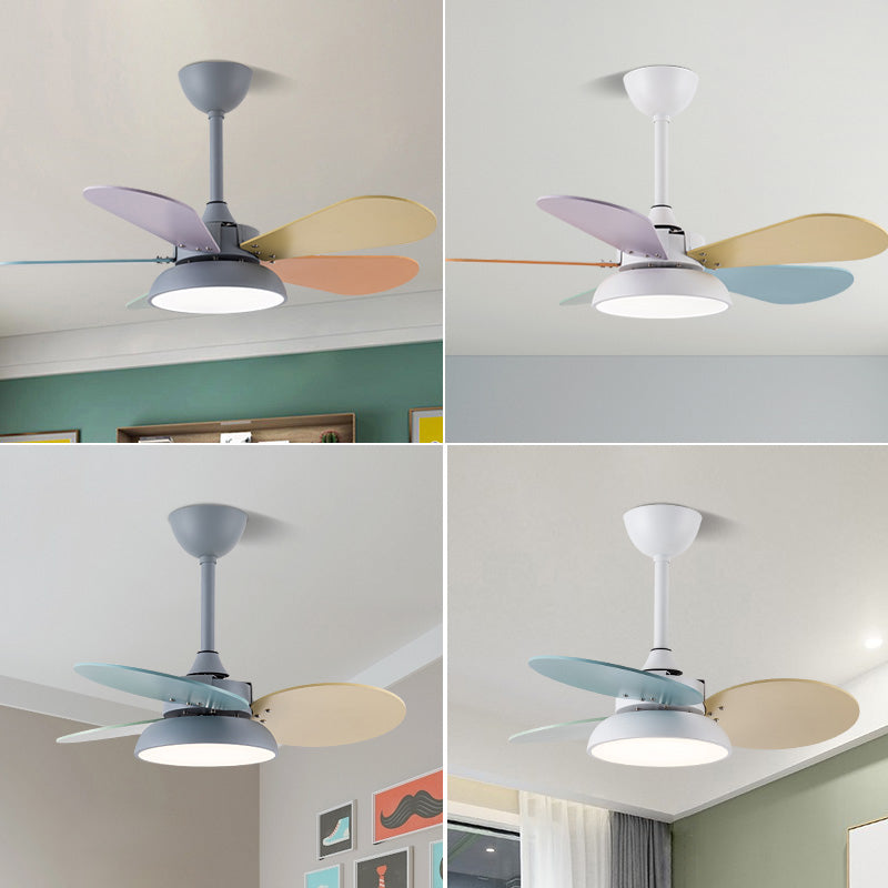 Colorful Round Hanging Fan Light Macaron Style Metal Bedroom LED Semi Flush Mount Lamp