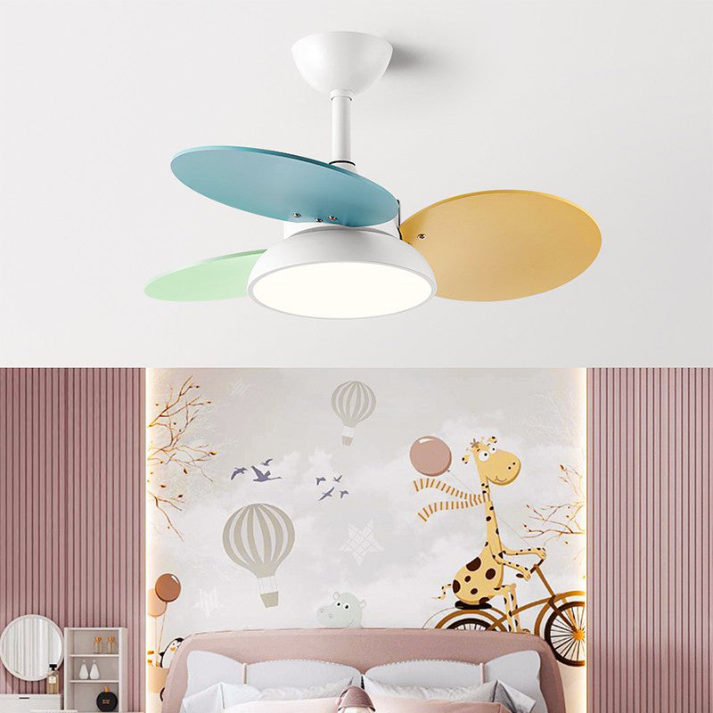 Macaron Circle Pendant Fan Lamp Metallic Childrens Bedroom LED Semi Flush Ceiling Light
