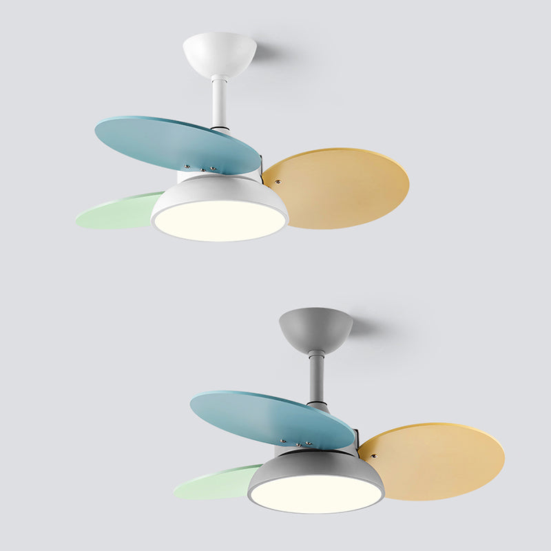 Macaron Circle Pendant Fan Lamp Metallic Childrens Bedroom LED Semi Flush Ceiling Light