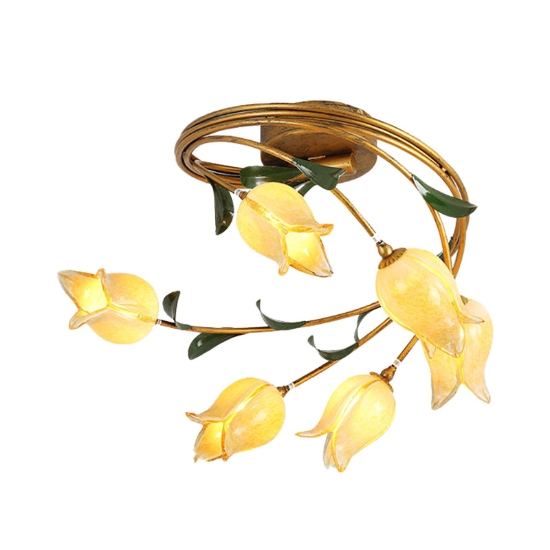 6 Bulbs Tulip Ceiling Light Pastoral Metal LED Semi Flush Mount Lighting in Brass for Living Room