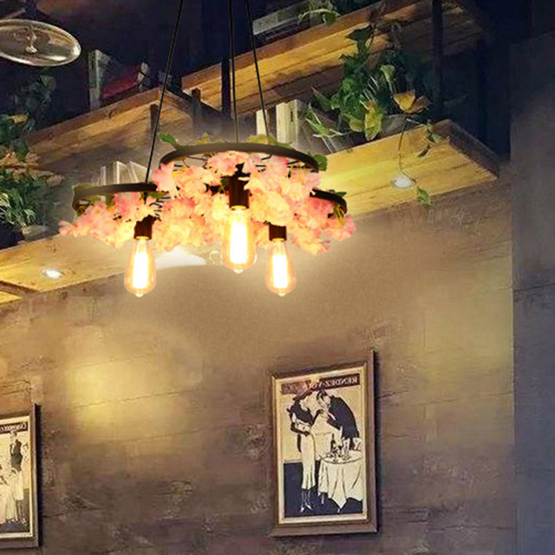 Bare Bulb Metal Chandelier Light Industrial 3 Bulbs Restaurant Hanging Lamp in Black with Cherry Blossom