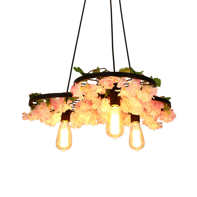 Bare Bulb Metal Chandelier Light Industrial 3 Bulbs Restaurant Hanging Lamp in Black with Cherry Blossom