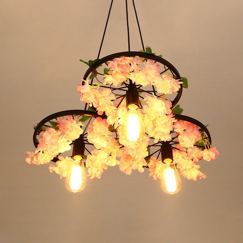 Bare Bulb Metal Chandelier Light Industrial 3 Bulbs Restaurant Hanging Lamp in Black with Cherry Blossom