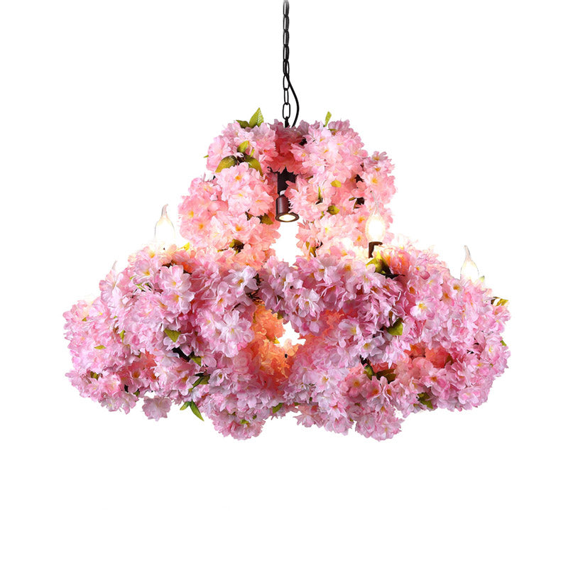 Metal Floral Chandelier Lamp Industrial 7 Lights Restaurant Ceiling Pendant in Pink