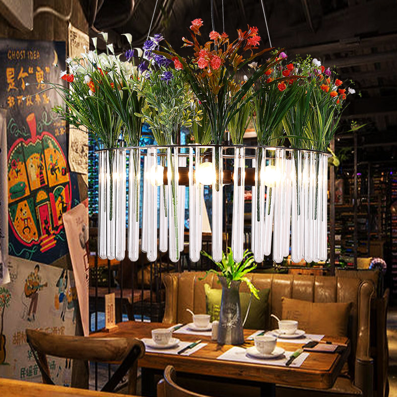 Metal Green Hanging Chandelier Drum 4 Lights Vintage LED Pendant Lighting with Flower Decor