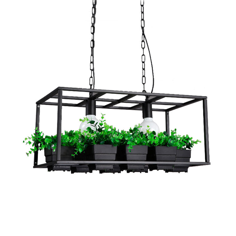 Black/White 2 Heads Island Lamp Antiqued Metal Rectangle Plant Hanging Ceiling Light for Restaurant, 21.5"/25.5" Long
