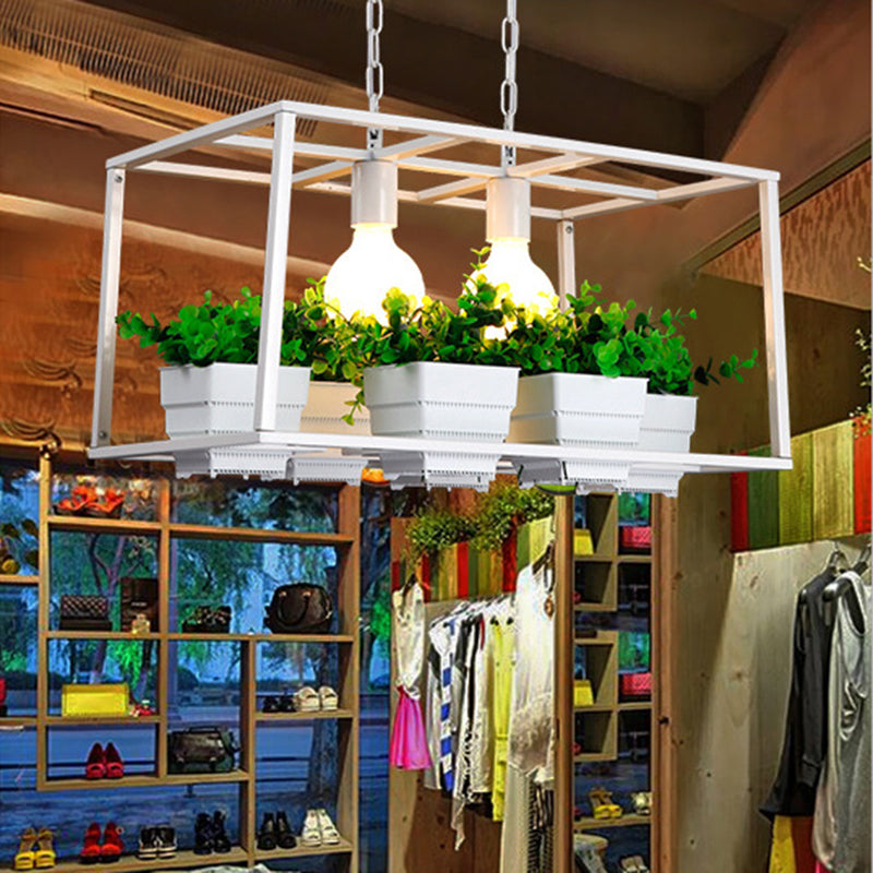 Black/White 2 Heads Island Lamp Antiqued Metal Rectangle Plant Hanging Ceiling Light for Restaurant, 21.5"/25.5" Long