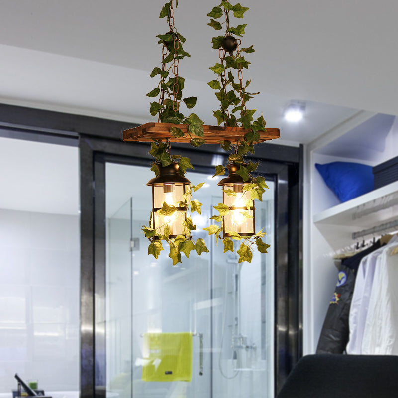 Lantern Restaurant Island Ceiling Light Retro Wooden 2/3 Heads Pink/Green LED Drop Lamp with Plant/Flower Decor