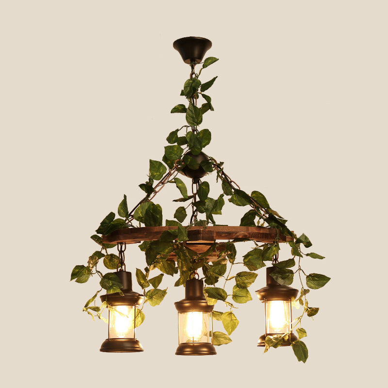 Green Lantern Chandelier Lighting Fixture Industrial Wooden 3/6/8 Heads Restaurant LED Plant Ceiling Light, 21.5"/27"/30" W