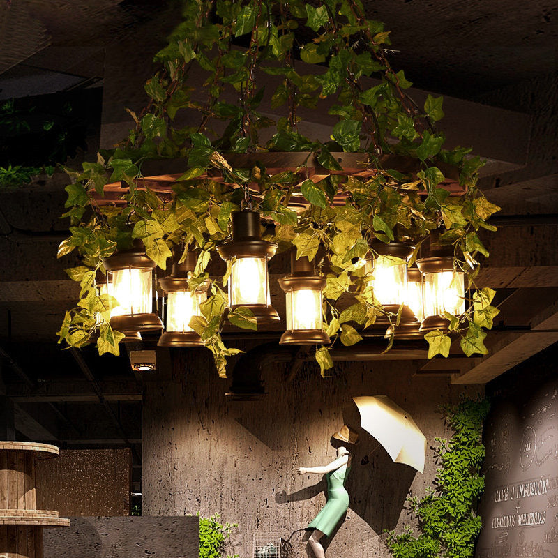Green Lantern Chandelier Lighting Fixture Industrial Wooden 3/6/8 Heads Restaurant LED Plant Ceiling Light, 21.5"/27"/30" W