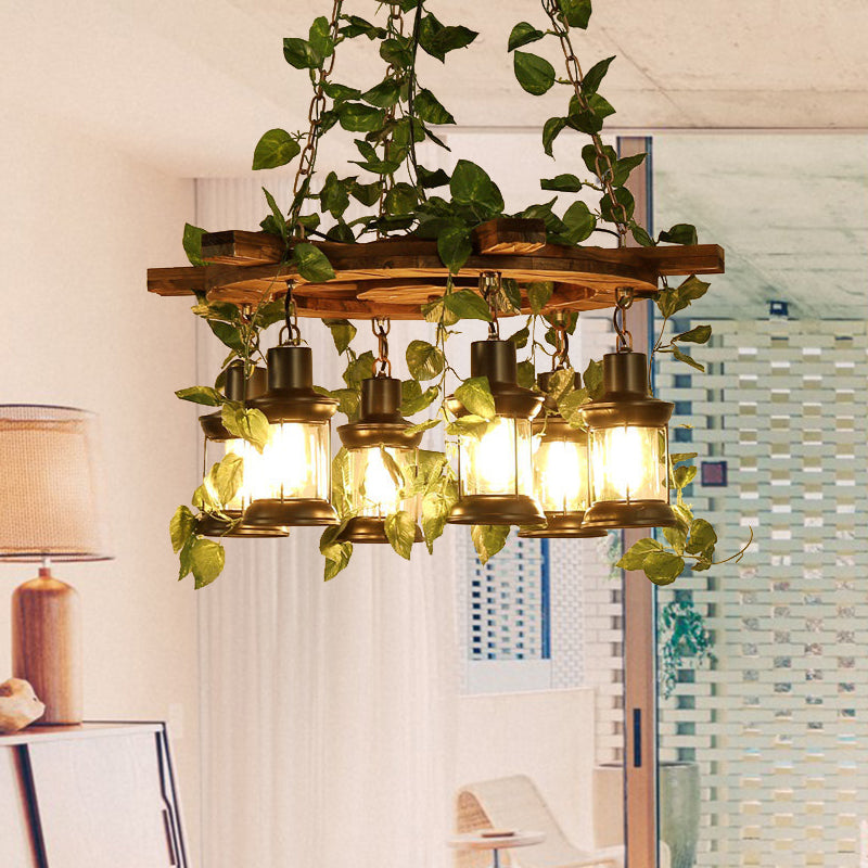 Green Lantern Chandelier Lighting Fixture Industrial Wooden 3/6/8 Heads Restaurant LED Plant Ceiling Light, 21.5"/27"/30" W