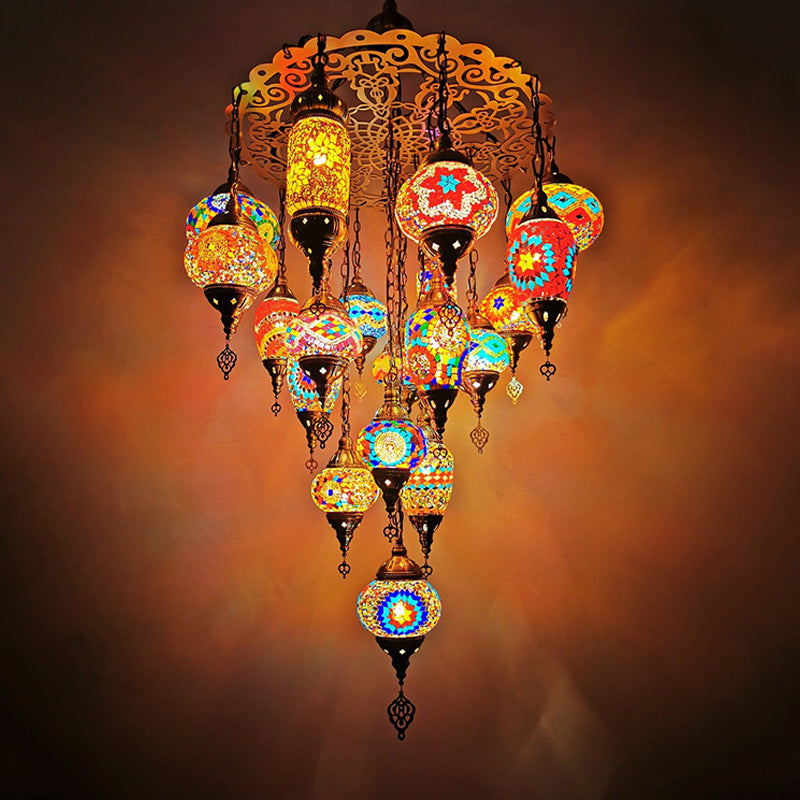 Orange/Blue Oval and Cylinder Hanging Light Fixture Traditional Stained Glass 19 Heads Restaurant Chandelier Lamp