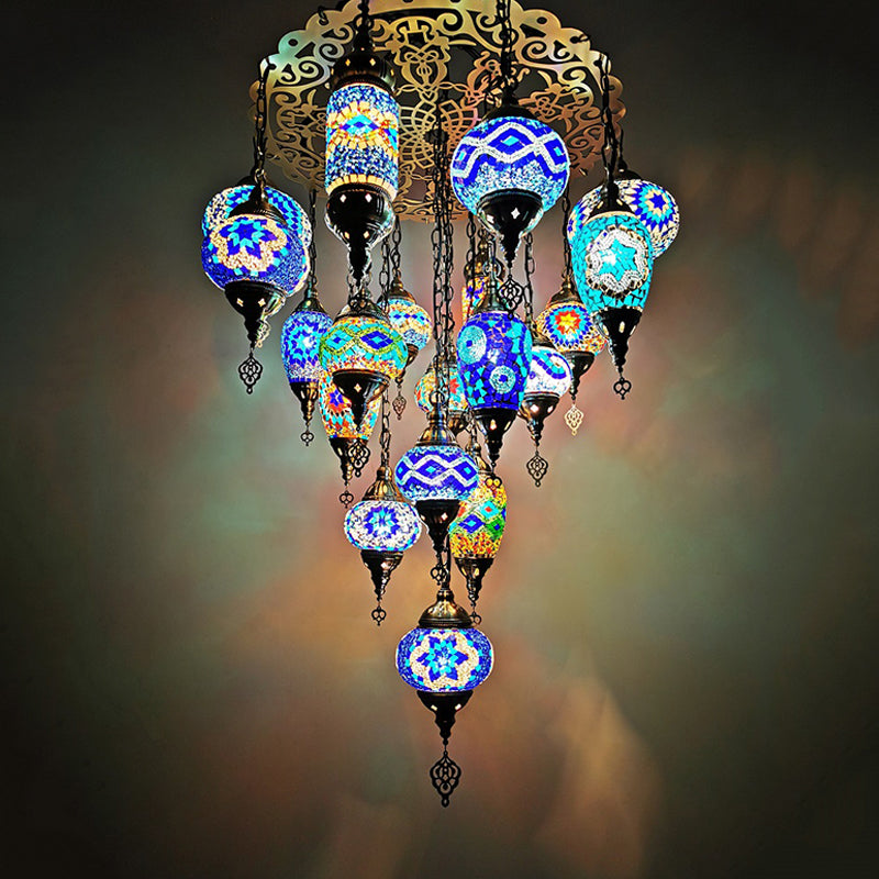 Orange/Blue Oval and Cylinder Hanging Light Fixture Traditional Stained Glass 19 Heads Restaurant Chandelier Lamp