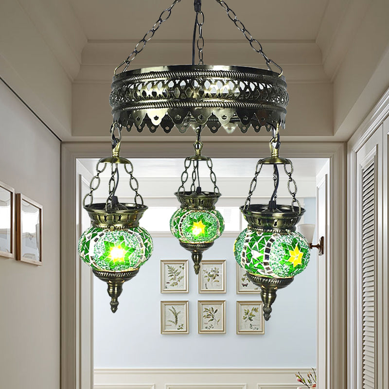 Stained Art Glass Oval Chandelier Lighting Traditional 3 Heads Bedroom Ceiling Chandelier in Yellow/Orange/Blue