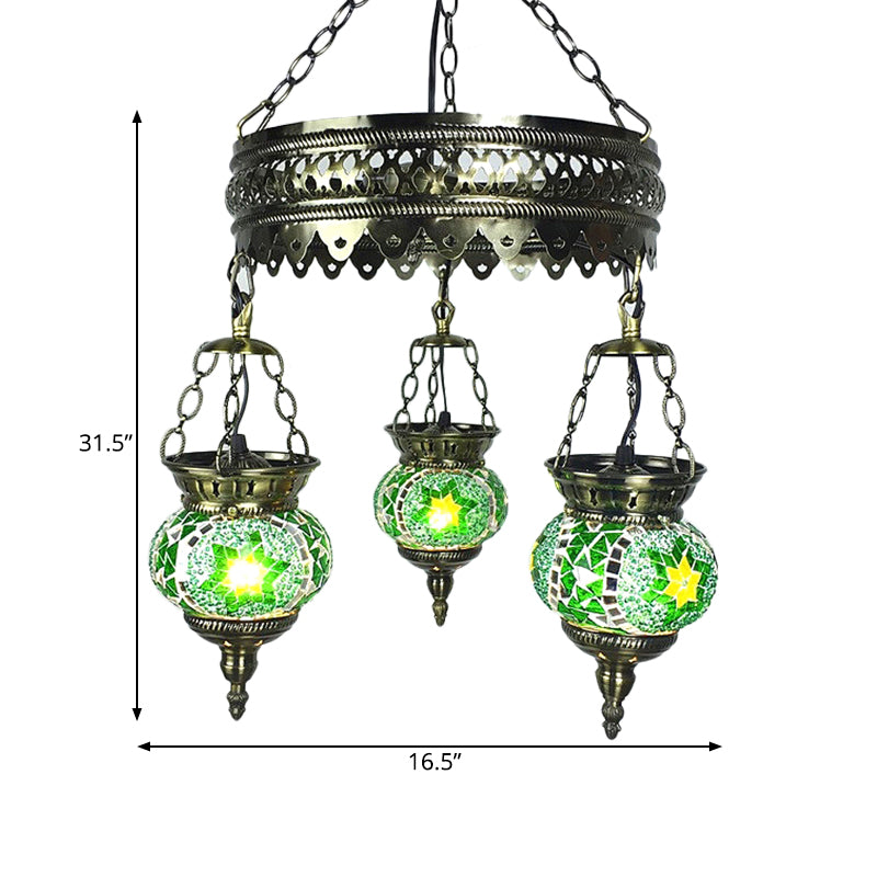 Stained Art Glass Oval Chandelier Lighting Traditional 3 Heads Bedroom Ceiling Chandelier in Yellow/Orange/Blue