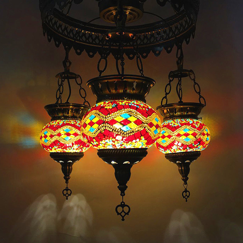 Stained Art Glass Oval Chandelier Lighting Traditional 3 Heads Bedroom Ceiling Chandelier in Yellow/Orange/Blue