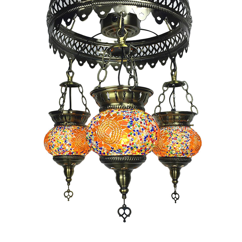 Stained Art Glass Oval Chandelier Lighting Traditional 3 Heads Bedroom Ceiling Chandelier in Yellow/Orange/Blue