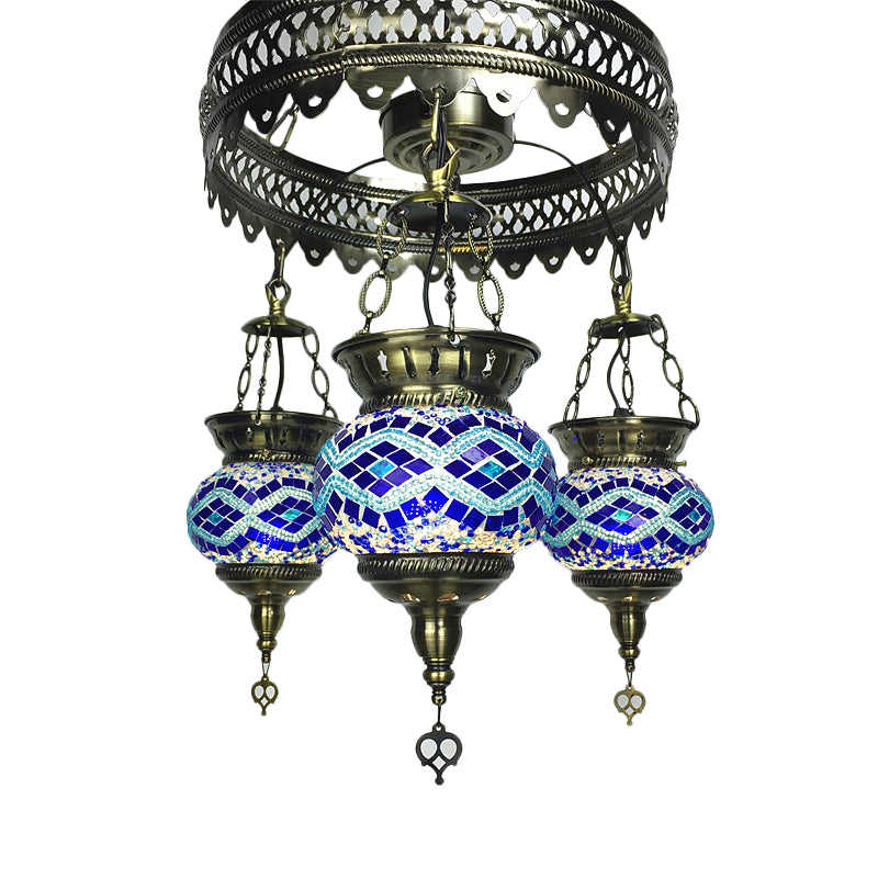 Stained Art Glass Oval Chandelier Lighting Traditional 3 Heads Bedroom Ceiling Chandelier in Yellow/Orange/Blue