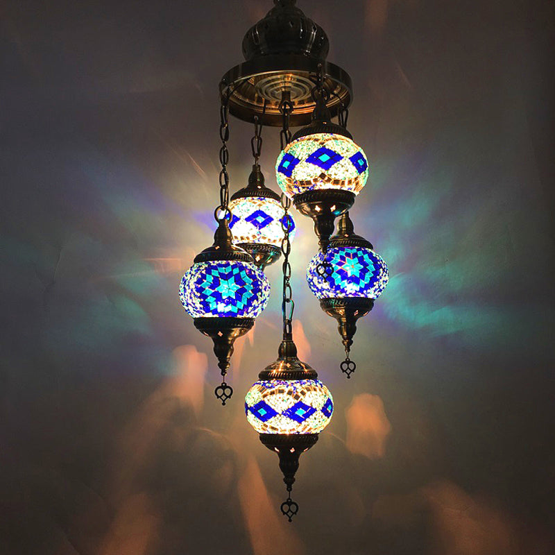 5 Heads Cut Glass Chandelier Pendant Light Traditional Red/Orange/Blue Oval Living Room Hanging Light Kit
